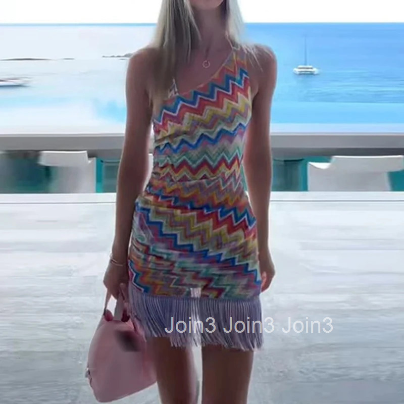 Sexy Diagonal Collar Backless Irregular Mini Dress Lady Fashion Tassel Patchwork Short Dress Elegant Striped Print Bodycon Dress