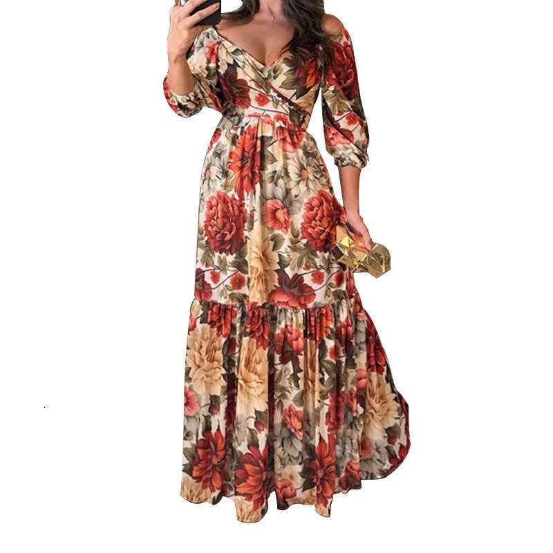 Spring New Women's Elegant Fashion Printed Mid-Length Sleeve V-Neck Dress B5