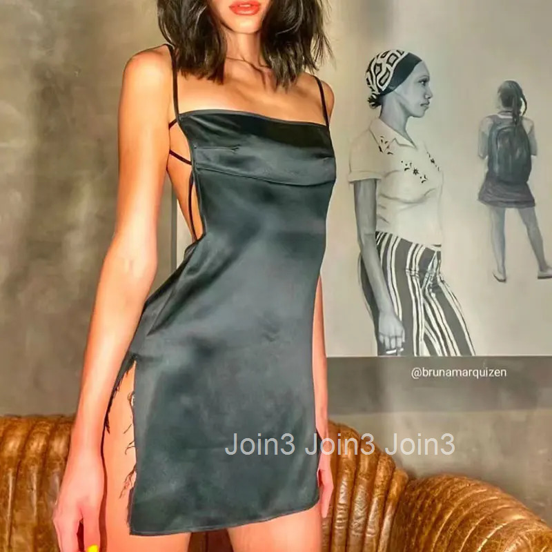 Sexy Satin Slip Backless Mini Dress Fashion Pajamas Women Summer Slit Bandage Elegant Dresses Home Casual Soft Nightdress Gothic