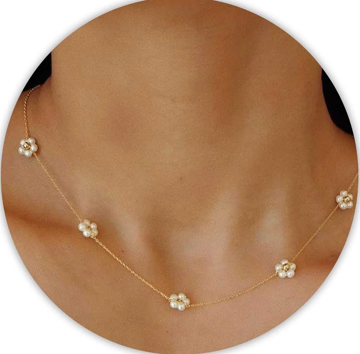 14K Gold Plated Stainless Steel Choker Necklace with Dainty Daisy Pearl Flower Necklace Gift for Her Birthday Gift Y250805