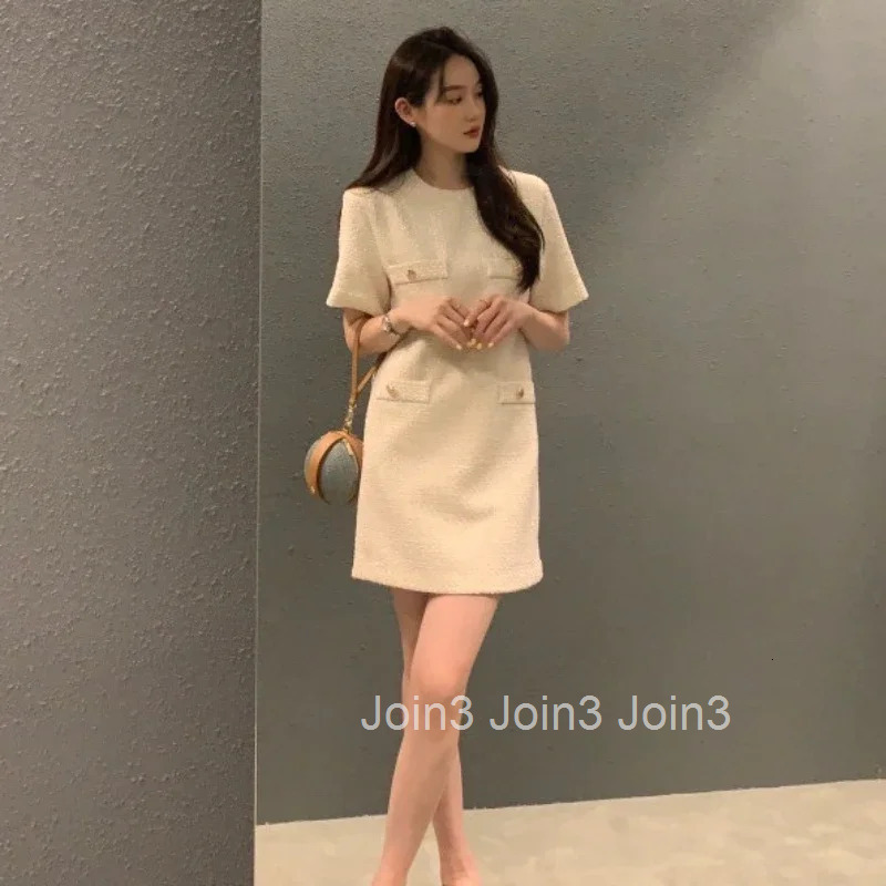 Simple O Neck Short Sleeve Elegant Tweed Dress Women Summer Vintage All Match Loose Robe Femme Korean Style Chic Vestidos