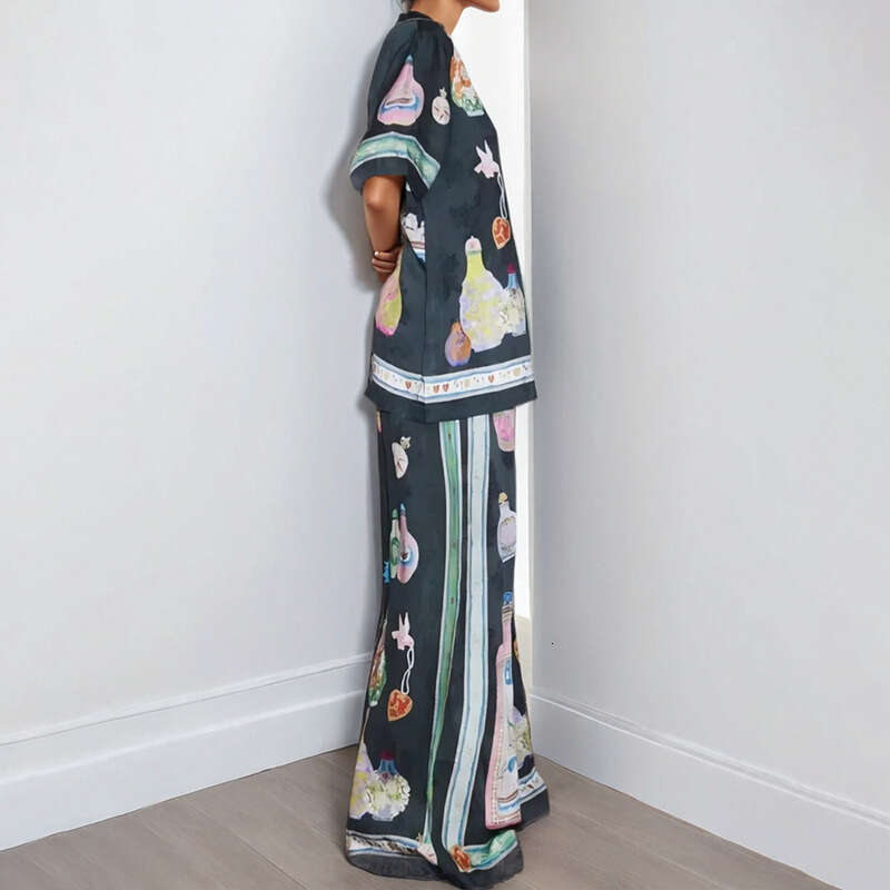 Personality Printed Short Sleeve Color Block Vacation Women's Fashion Set B5