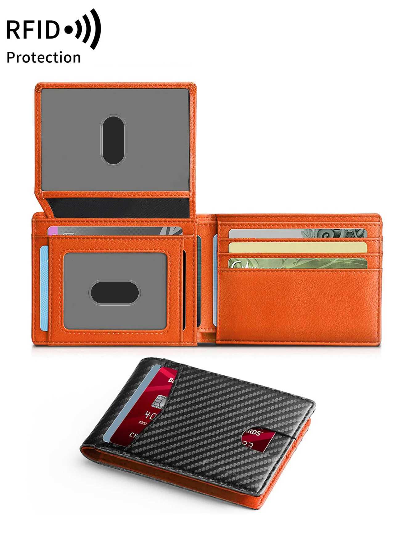 RFID Blocking Ultra-thin Trifold Wallet Carbon Fiber Pattern Portable Holder with 2 ID Windows and Multiple Card Slots XJ250806