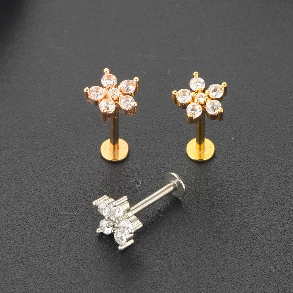 Crystal Flower Tragus Piercing Earring Flat 16G Cross Cartilage Piercing Stud Helix Jewelry Conch Rook Lobe Earring Labret Stud 250805
