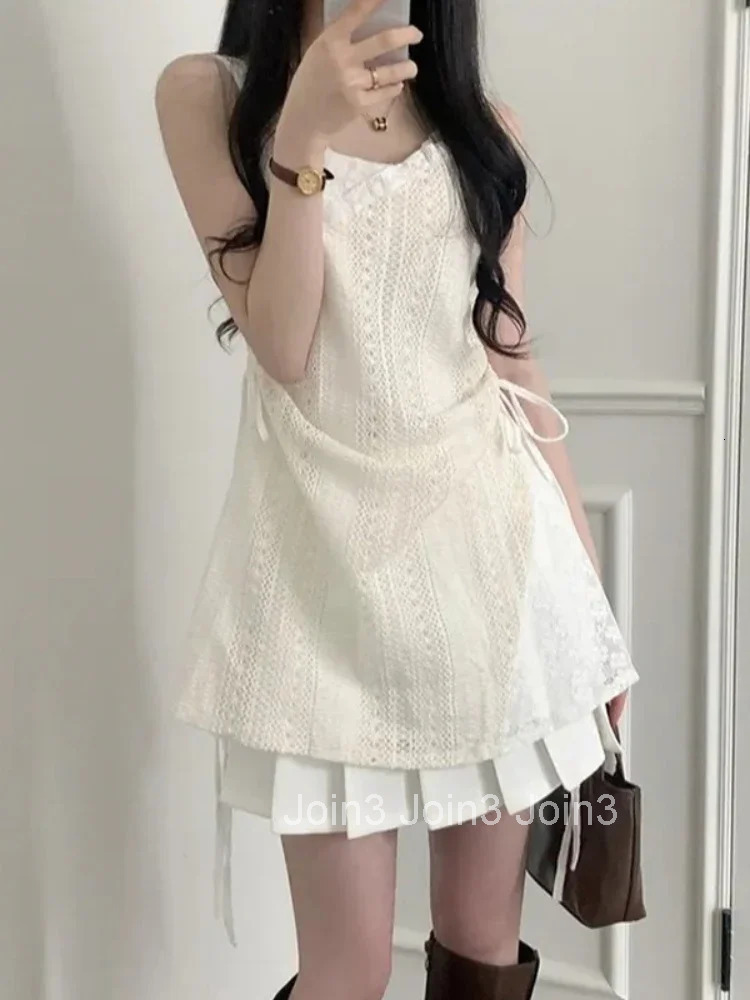 Summer Elegant New One Piece Dress Women Chic French Lace Sling Shirt Stacked Female Korean Fashion Inner Wear Base Short Dress