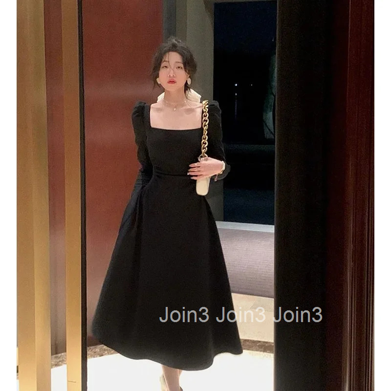 Elegant Unique White French Style Womens Dress Square Collar Long Skirt Fashionable Autumn New Arrival High-End Sensation