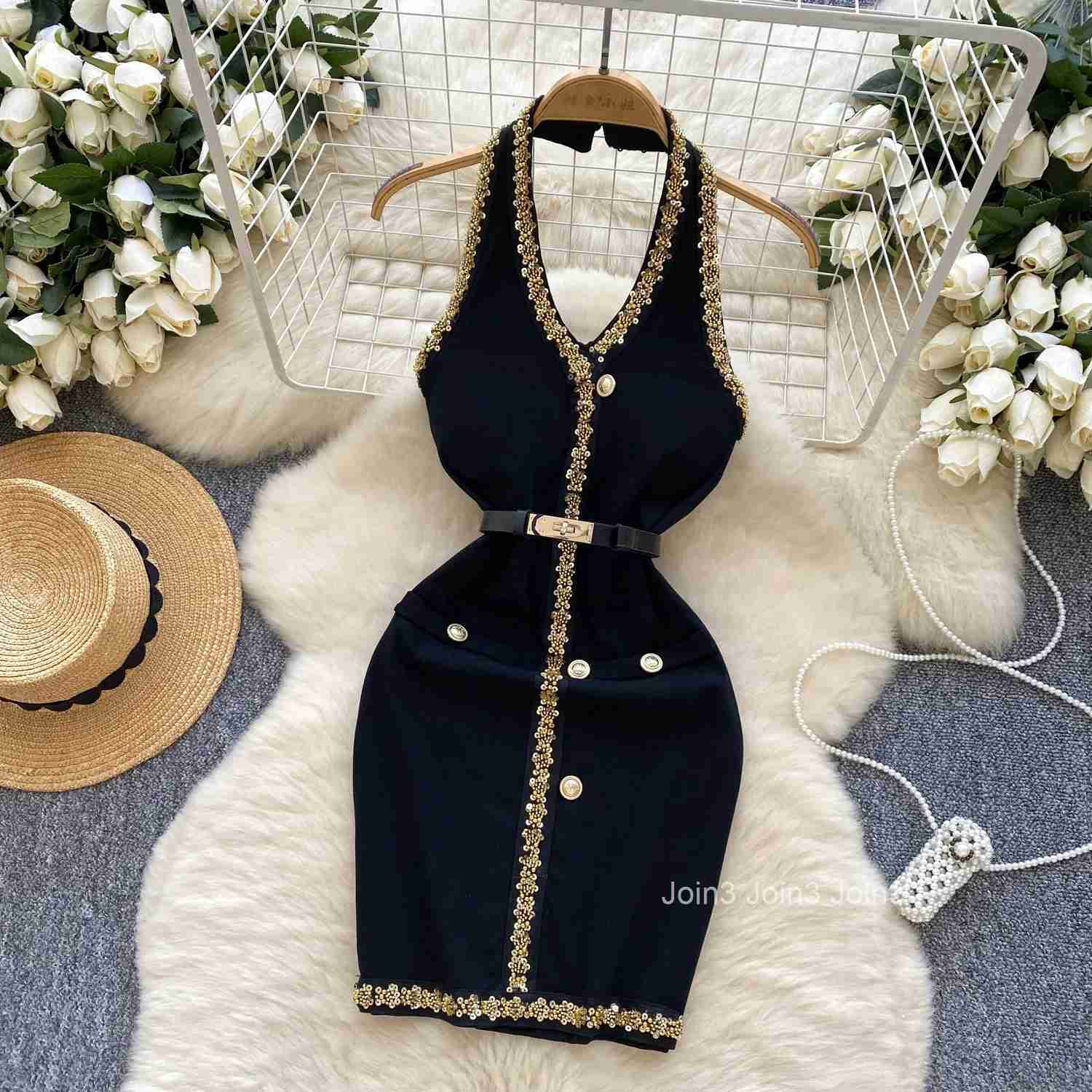 Hotsweet Sequin Embroidered Beads Belt Elegant Backless Halter V-neck Sleeveless Slim Pencil Dresses French High Street Clothing