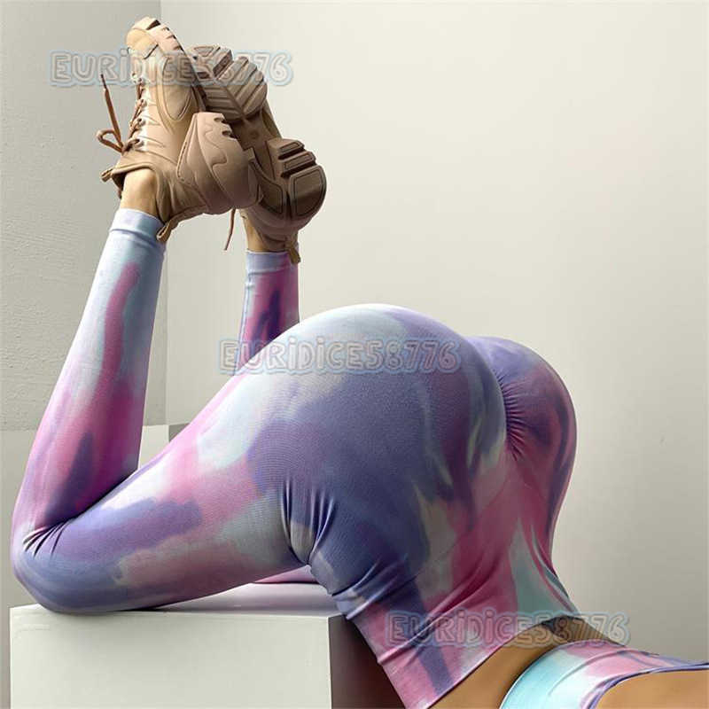 New Seamless Tie-dye Yoga Outfit Sports Set High Waist Hip-lifting Fitness Pants Double Strap Backless Bra Shorts H250806