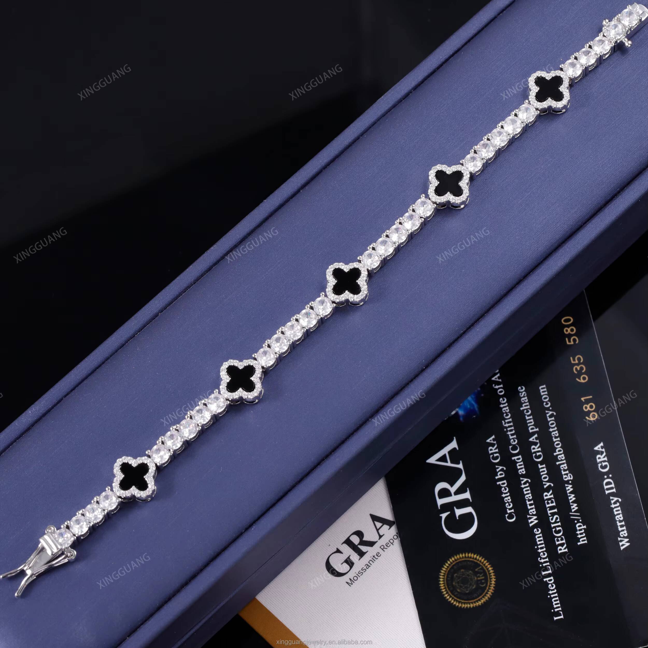 GRA Certificate Hip Hop 925 Sterling Silver Natural Agate VVS1 Moissanite Diamond Clover Bracelet Tennis Chain