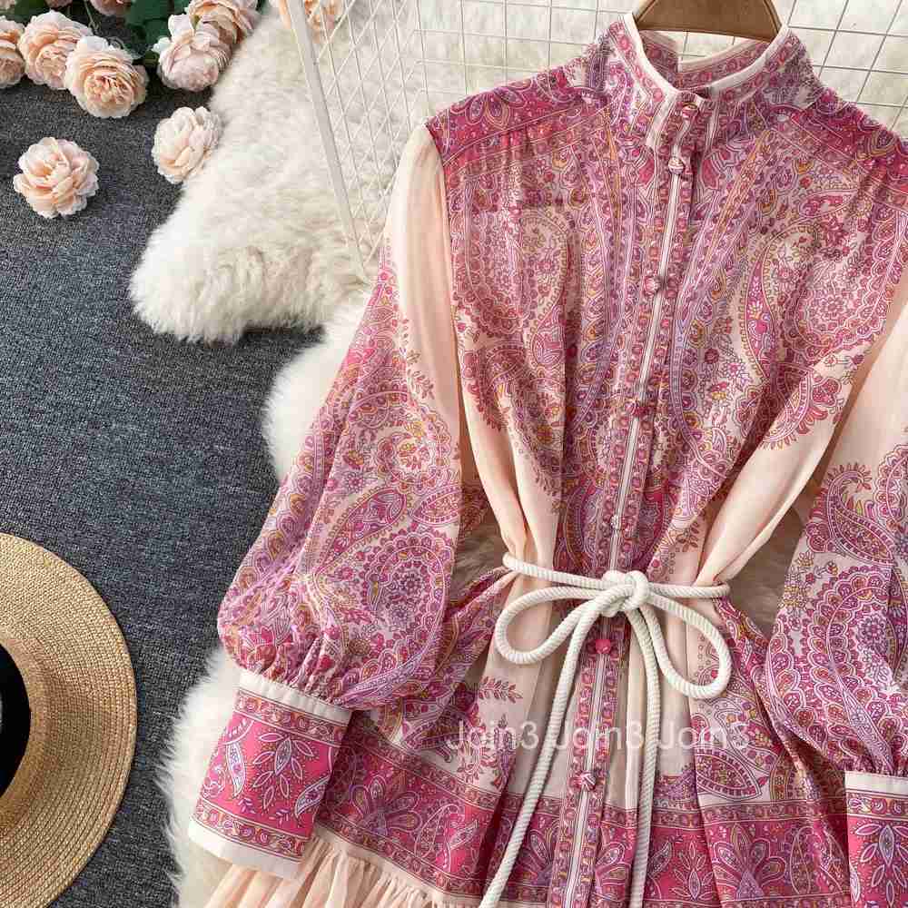 Early Spring New Sensibility Niche Stand Collar Lantern Sleeve Printing Dress Loose Fit Slimming Elegant Long Dress