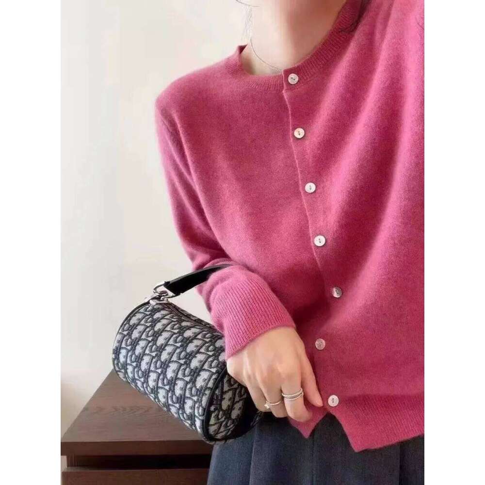 100%Cashmere Knit Cardigan Women's Round Neck Autumn And Winter Wool Sweater Small Loose Short Slimming Coat 250806