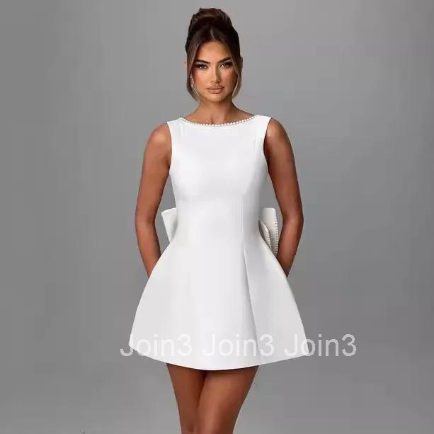 Spring Evening Dress Women White Pearl Sleeveless Backless Bow Elegant Short Dresses Female Vestidos Fashion Clothes Ladies