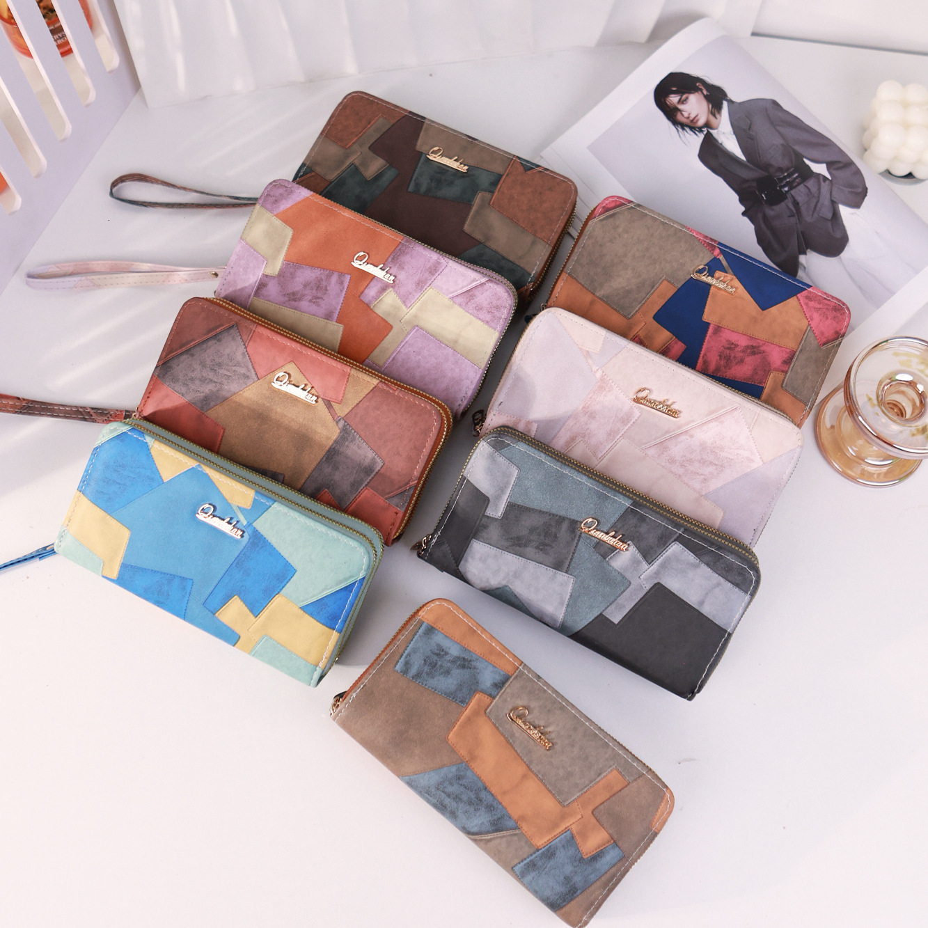 New Women's Leather Wallet Color Block Double Zipper Large Capacity Clutch Simple High-end Phone Bag