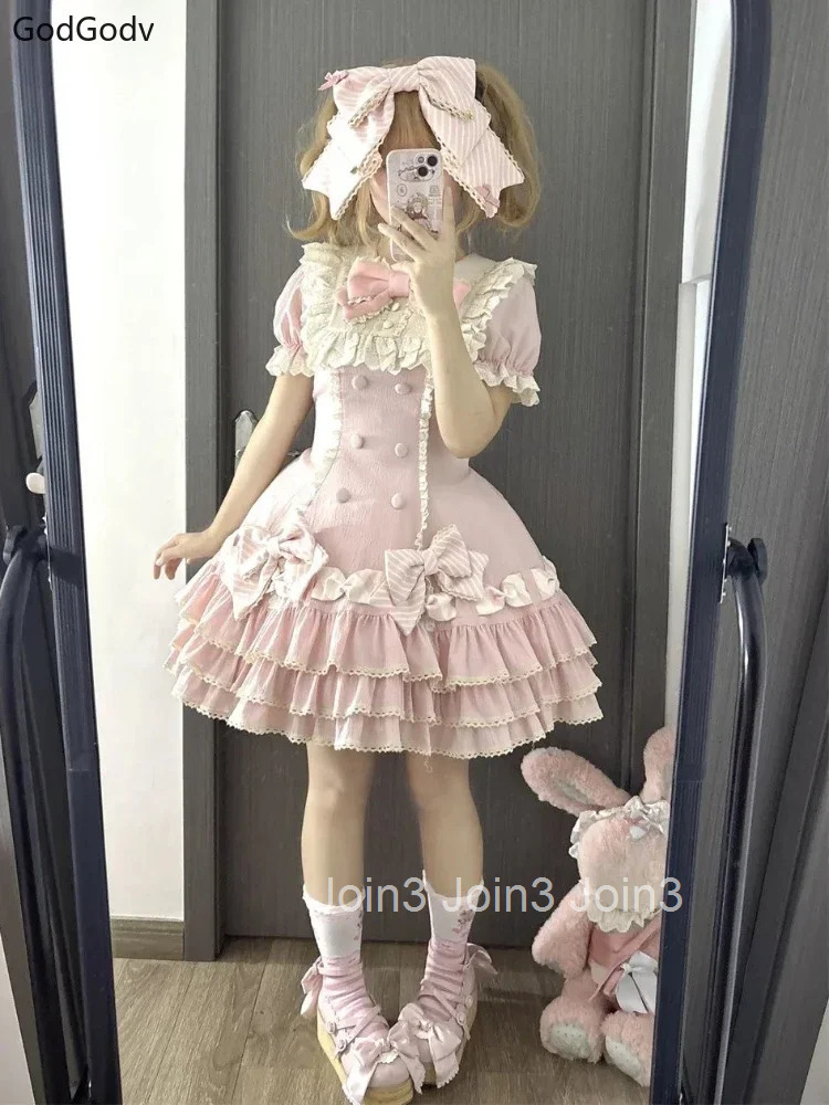 Japanese Sweet Lolita Kawaii Elegant Dress Women Princess Y2k Bow Fake Two Piece Dresses Female Korea Style Design Chic Outfits