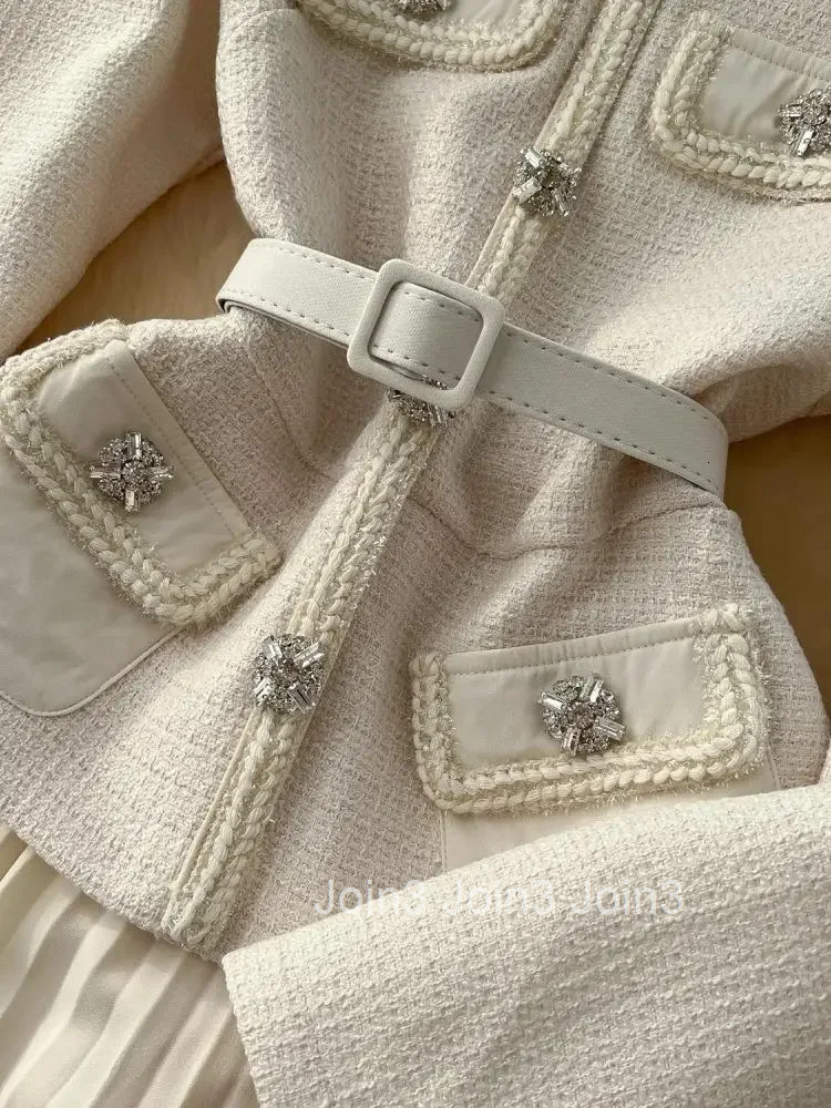 New Autumn Winter Tweed Patchwork Chiffon Long Dresses Womens Square Collar Diamonds Buttons Belt Vintage Pleated Robe Vestidos