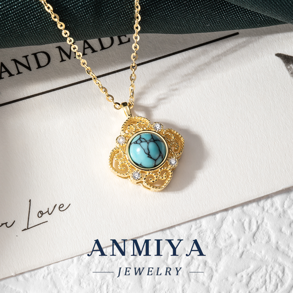 Custom Best Selling 925 Sterling Silver Clover Necklace Inoxidable Chain Turquoise Stone Chain Necklace for Women