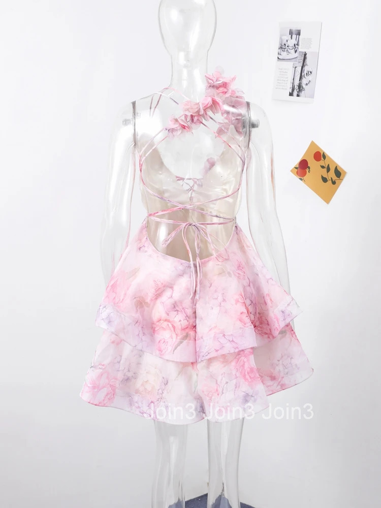 Elegant Floral Print Puff Sleeve Ball Gown Mini Dress Women 3D Flower V-neck Summer Beach Dresses Chic Holiday Evening Vestidos