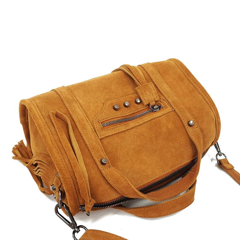 Women Genuine Leather Fringed Big Capacity Overnight Boston Shoulder Bag Street Fashion Casual Suede Rivet Short Handle 250805
