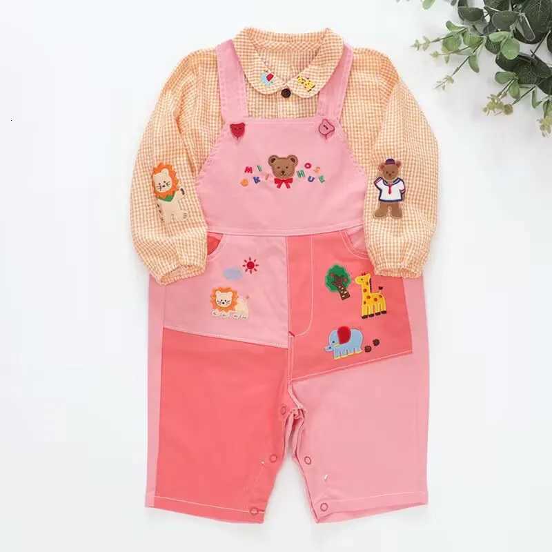 Autumn Girls Orange Plaid Blouse Shirt Cute Cartoon Bear Lion Embroidery Boy Long Sleeve Layering Casual Top for Toddler Kids X250806