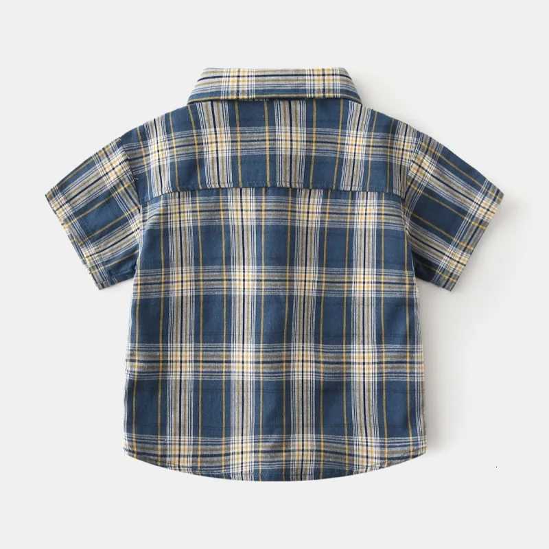 2025 Summer Boys Short-sleeved Shirt Children Square Neckline Plaid Shirt Baby White Cotton Casual Little Shirt X250806