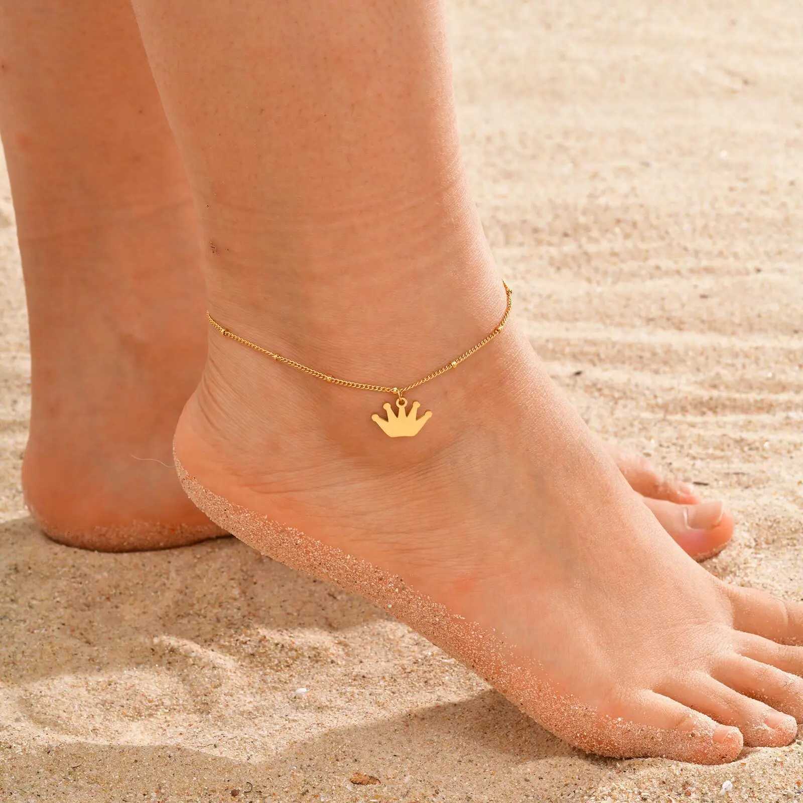 Vnox Classic Gold Plated Stainless Steel Chain Anklet Summer Trendy Crown Foot For Women Girls Not Allergic Jewelry Y250805