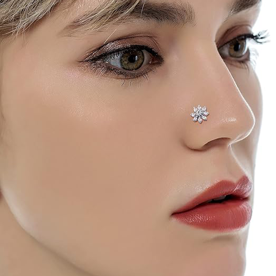 10Pcs Nose Ring Hoop Paved Flower Leaf Butterfly Feather CZ Cartilage Earrings Nose Piercing Jewelry for Women Men Silve Tone 20G