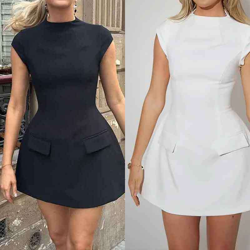 Women's Waist-Cinching Pocket Elegant Solid Color Round Neck Short Sleeve Spring Dress B5