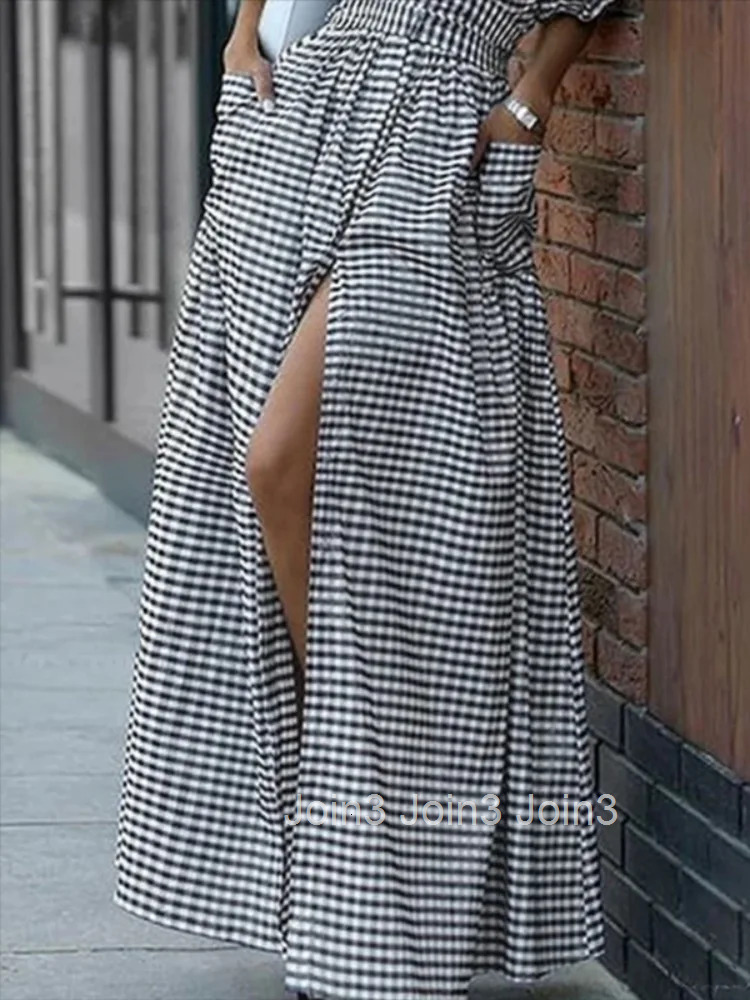 Yeezzi New Fashion Plaid Lapel Shirt Dress Women Ruffle Sleeves Buttoned Pockets Front-slit High Waist Elegant Maxi Dresses