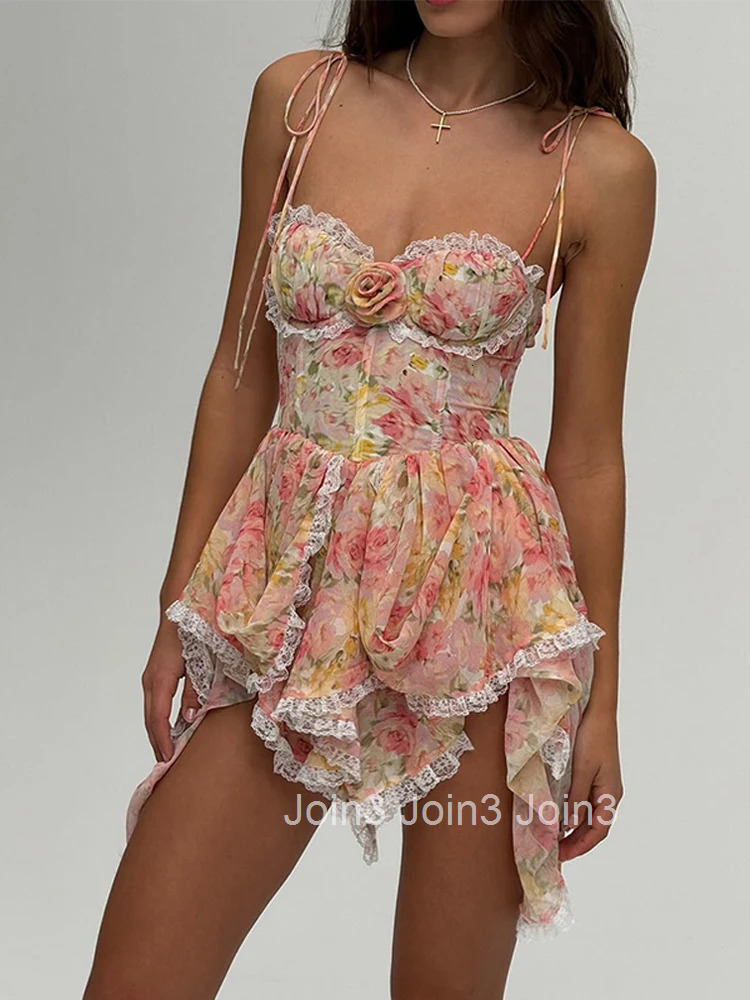 Floral Printd Lace Patchwork Sling Mini Dress Womens Elegant Backless Sleeveless A Line Vestidos Chic Lady Holiday Street Wear