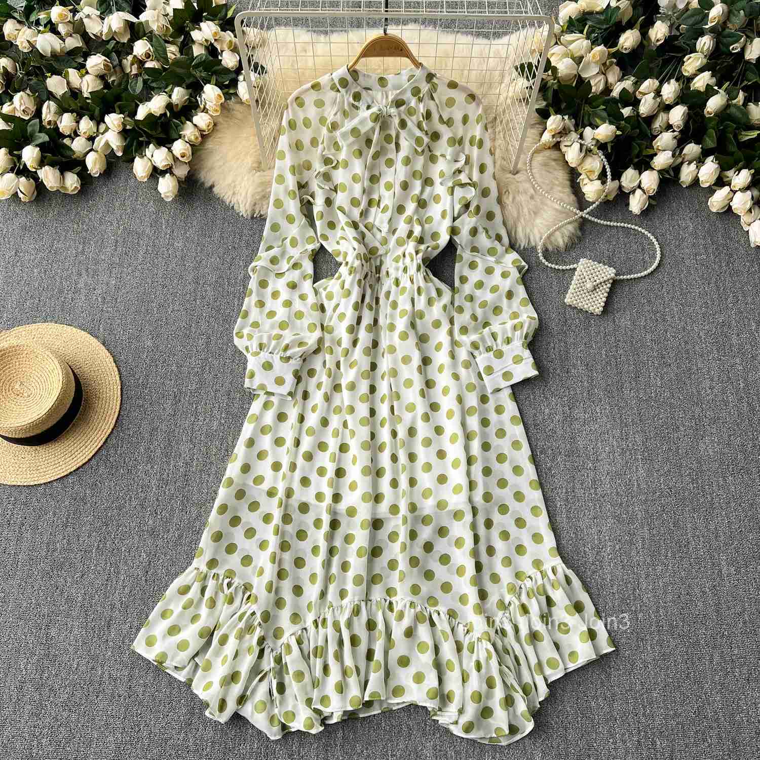 Retro Elegant Pleated Puff Sleeves dot sweet Dress Beach Vacation Casual Women A-LINE chiffon Fashion Summer basics Dresses