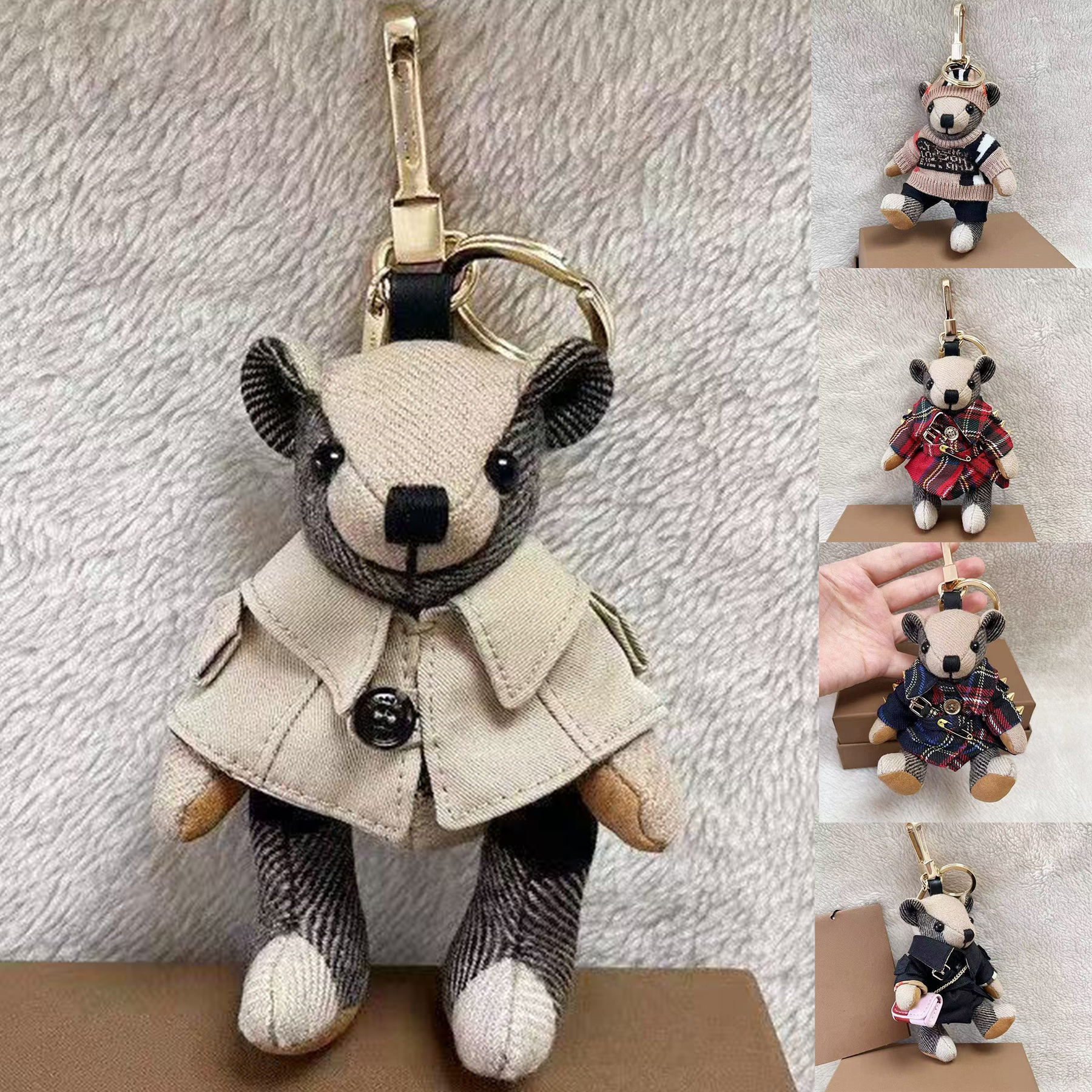 women trench coat bear charm key chain designer bear keyring bag charm stainless steel thomas fashion men luxury keychains key holder gift package hanging