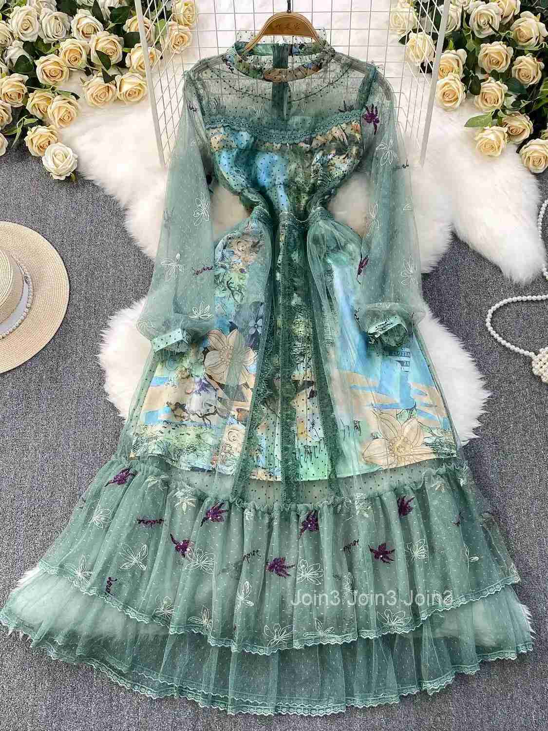 Elegant Floral Dots Embroidery Evening Luxury Dresses Women Summer Long Sleeve Tulle Princess Cake Vestidos Midi Print Dress