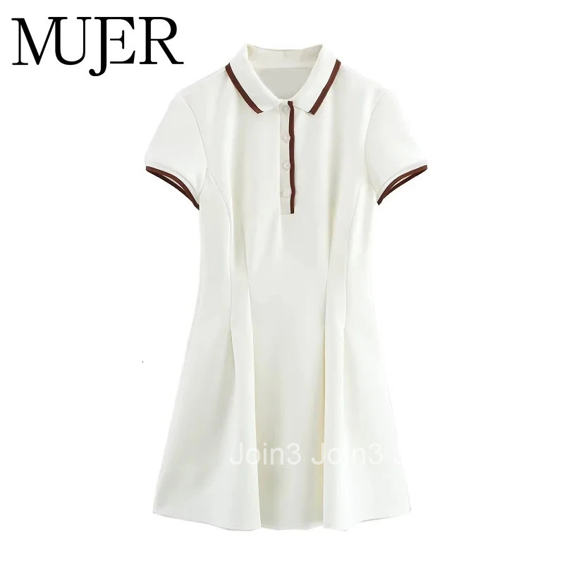MUJER White Short Dresses for Women Polo Shirt Spring Mini Dress Woman Ribbed Short Sleeve Womens Dresses Elegant Vestidos