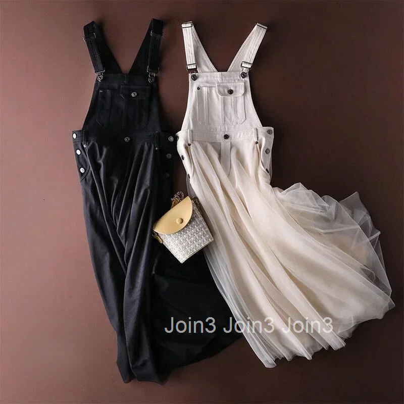Fashion Casual Mesh Denim Patchwork Suspender Dress Solid All-match Elegant Big Swing Robe Summer New Midi Vestidos Mujer