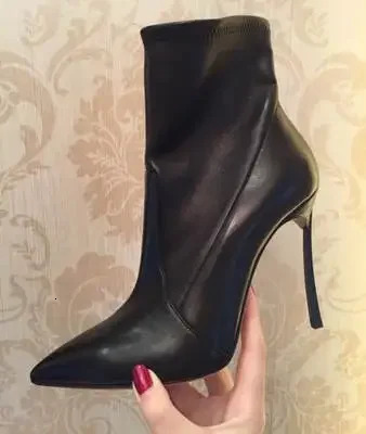 Women Black Real Leather Pointy Toe Boots Sexy Zipper Buckle Suede Super Stiletto High Heel Booties Ladies Gladiator Shoes 250805