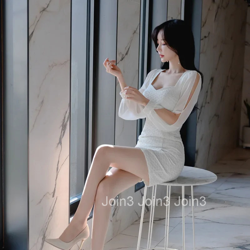 Spring Autumn Korean Style Sexy Chic Square Collar Slimming Short Skirt Dress with Chiffon Sleeves Bodycon Mini Dress