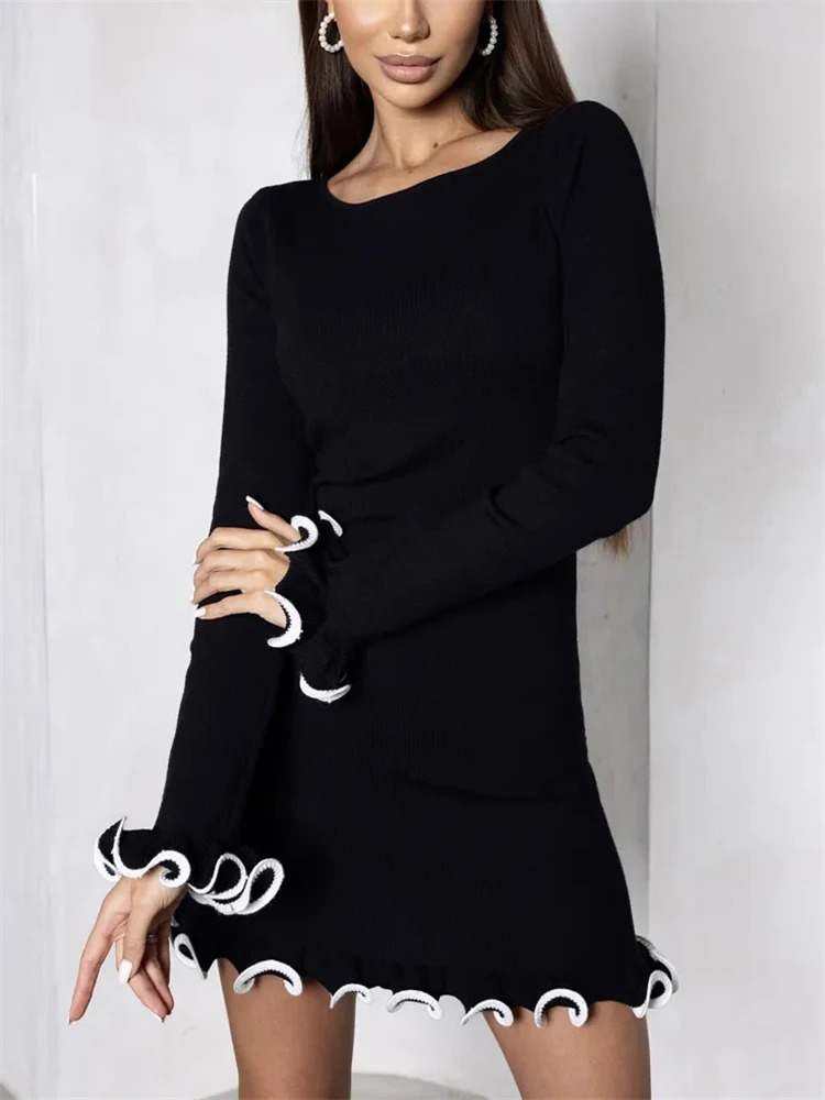 TARUXY Spring Knitted Mini Dress For Women Fungus Contrast Color Slim Sweater Dress Elegant Female Party Clothes Long Sleeve 250804