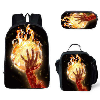 Back-to-school Season Three-piece Set: Backpack, Pencil Case, Lunch Bag, Street Style Basketball and Football Pattern Double Shoulder Backpack Set 250