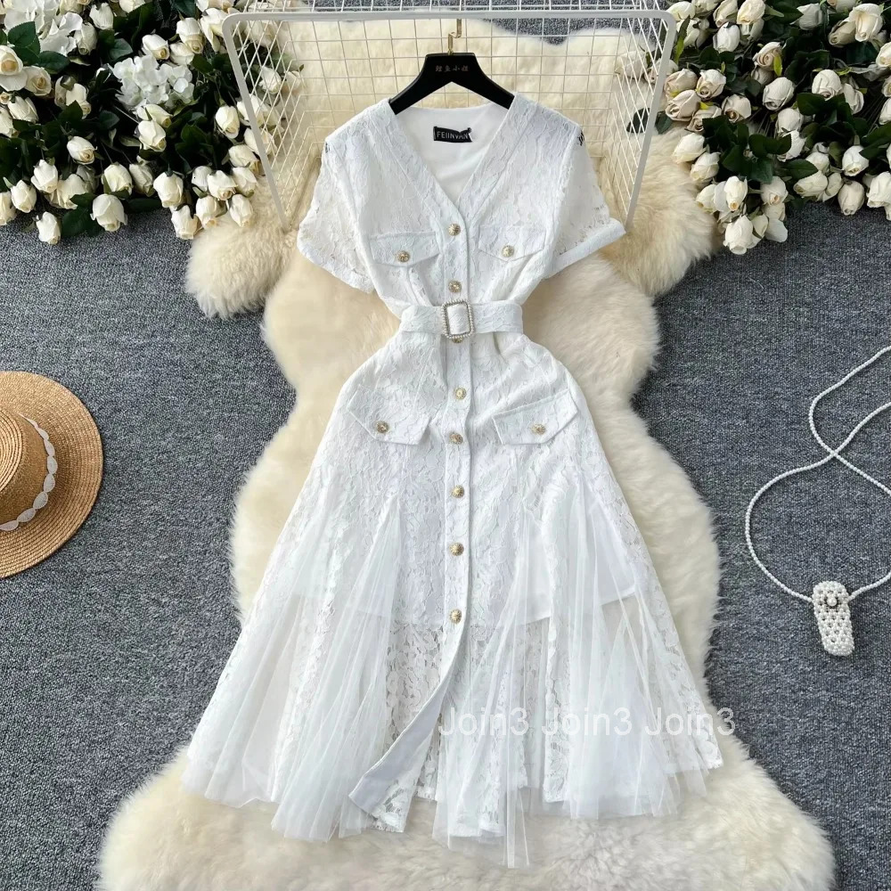 French v neck mesh PATCHWORK lace ruffle dress womens summer waist Single Breasted sweet dresses