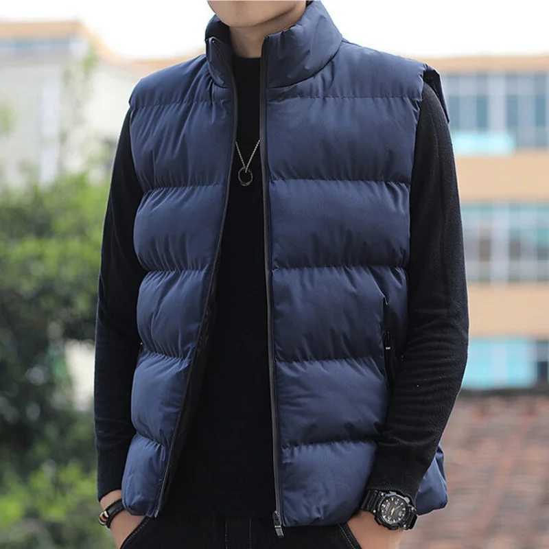 Autumn Winter Mens Down Cotton Vest Solid Color Standing Collar Sleeveless Waistcoat Loose Casual Thick Warm Padded Vest W250806