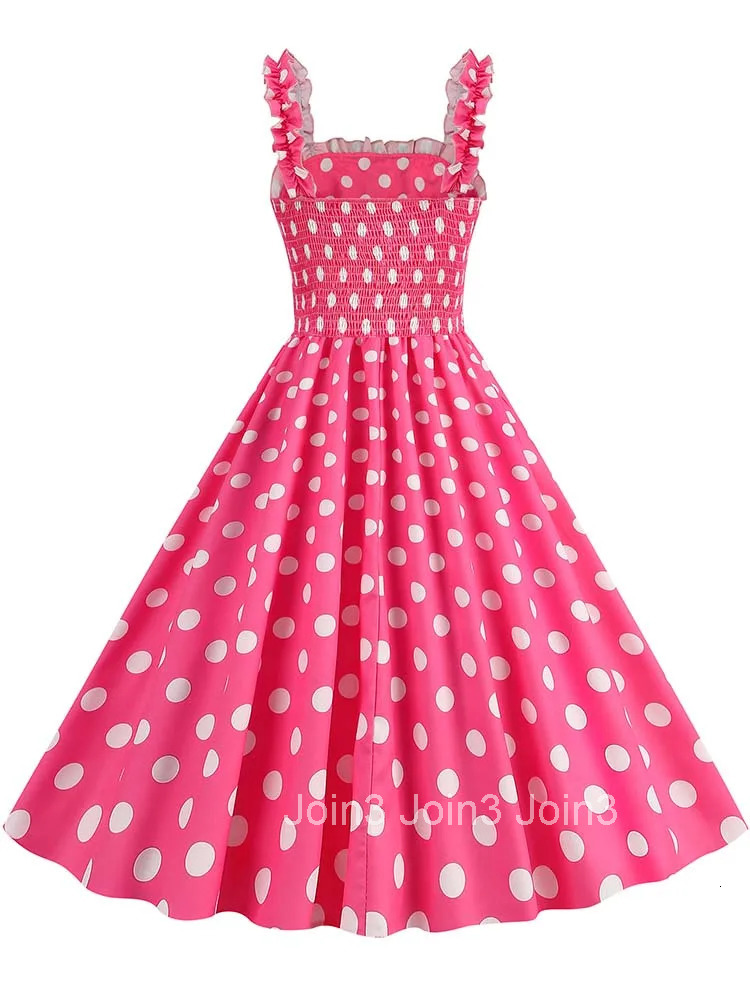Spaghetti Strap Vintage Women Summer Dresses Casual Ruched Pink Dot Print A Line 50s Elegant Evening Party Midi Dress