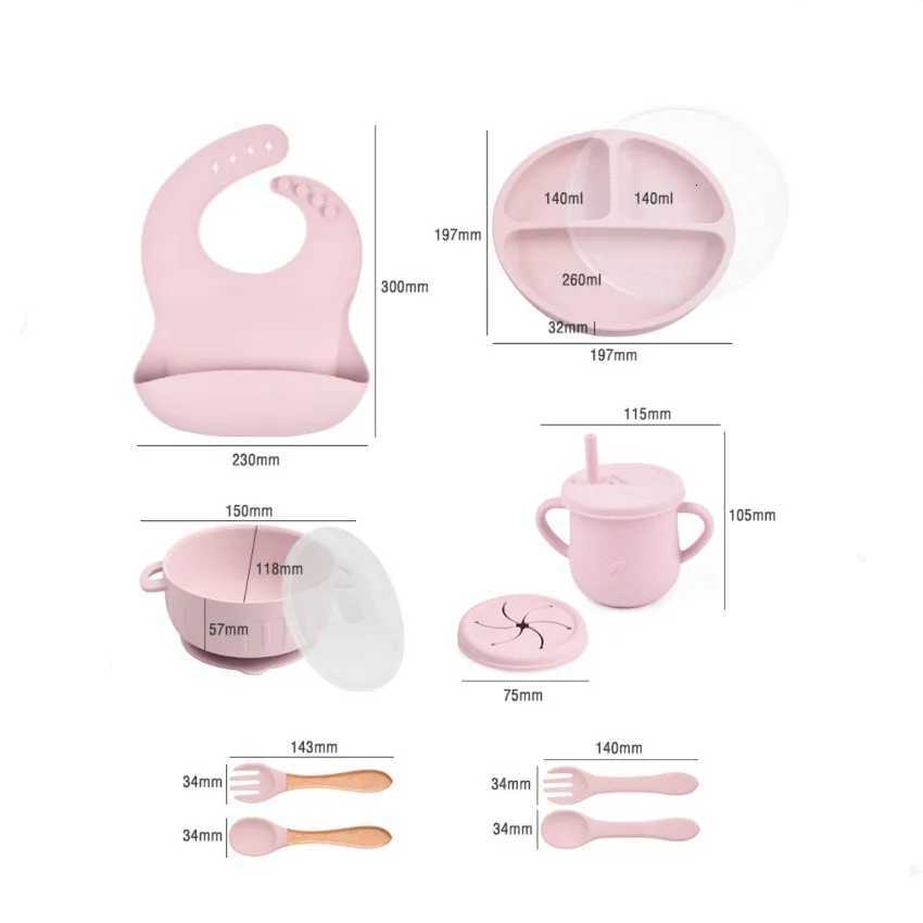 10pcs/Set Baby Childrens Tableware Feeding BPA Free Solid Color Food Plates Sucker Dishes Spoon Fork Sippy Cup Baby Supplies X250806