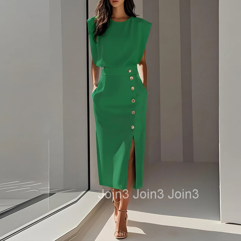 Summer Fashion O Neck Split Women Dress Elegant Solid Slim Button Party Dress Casual Sleeveless High Waisted Office Lady Dresses