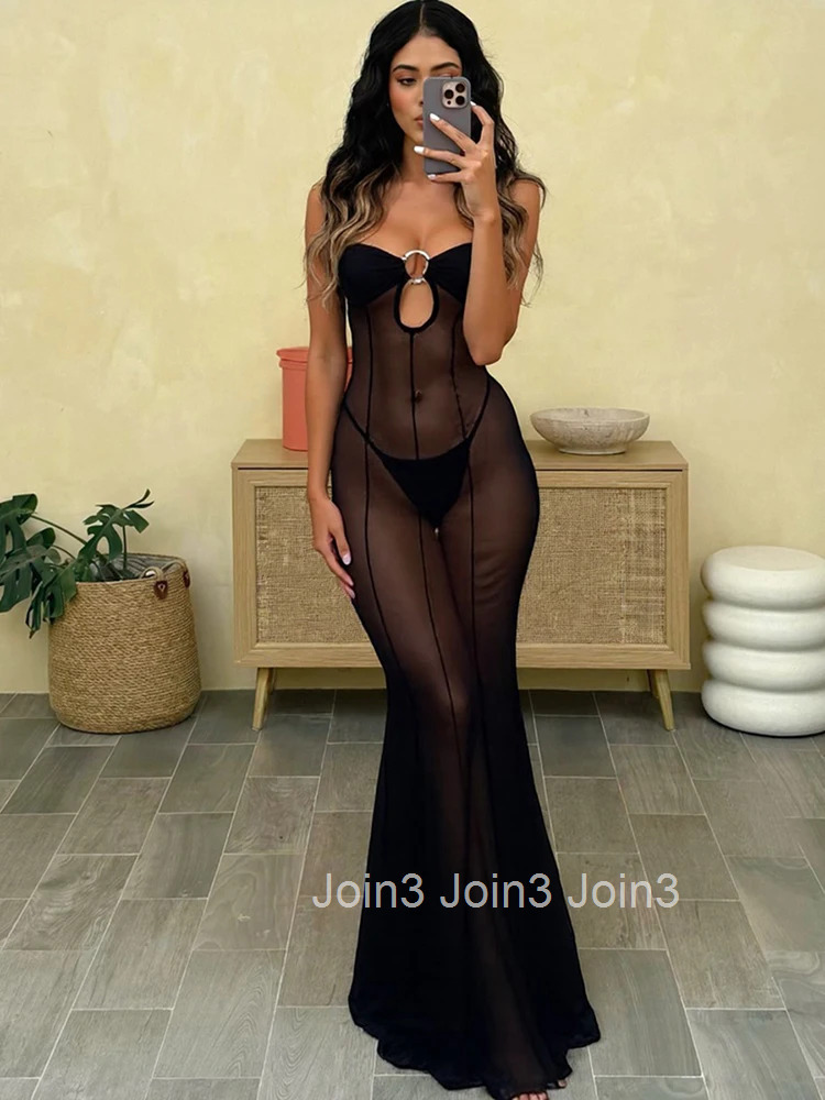 Elegant Maxi Mesh Dress Women Fashion Sexy See-through Lady Long Dresses Girls Robe Party High Robe Streetwear New