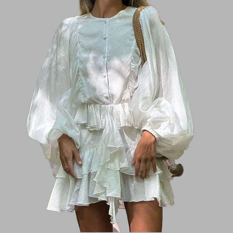 Spring Fashion New Casual Elegant Solid Color Ruffle Long Sleeve Dress B5