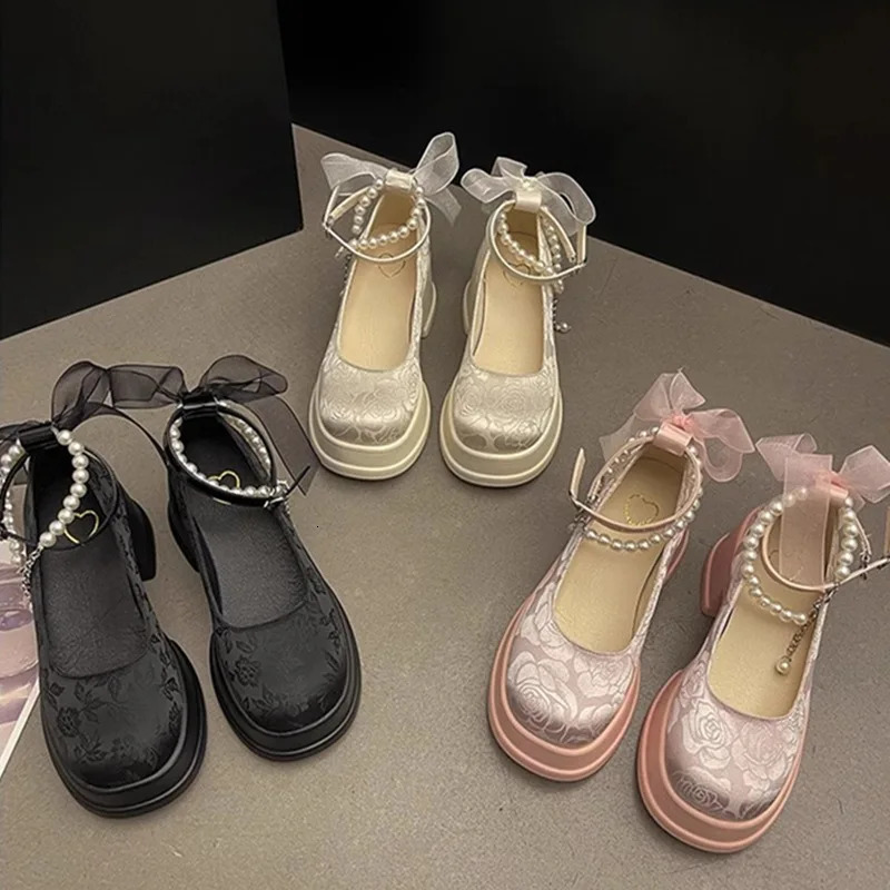 Woman Pumps 2025 Summer Pink Kawaii Cute Pearl Lolita High Heels Round Toe Platform Mary Jane Shoes for Women 250731
