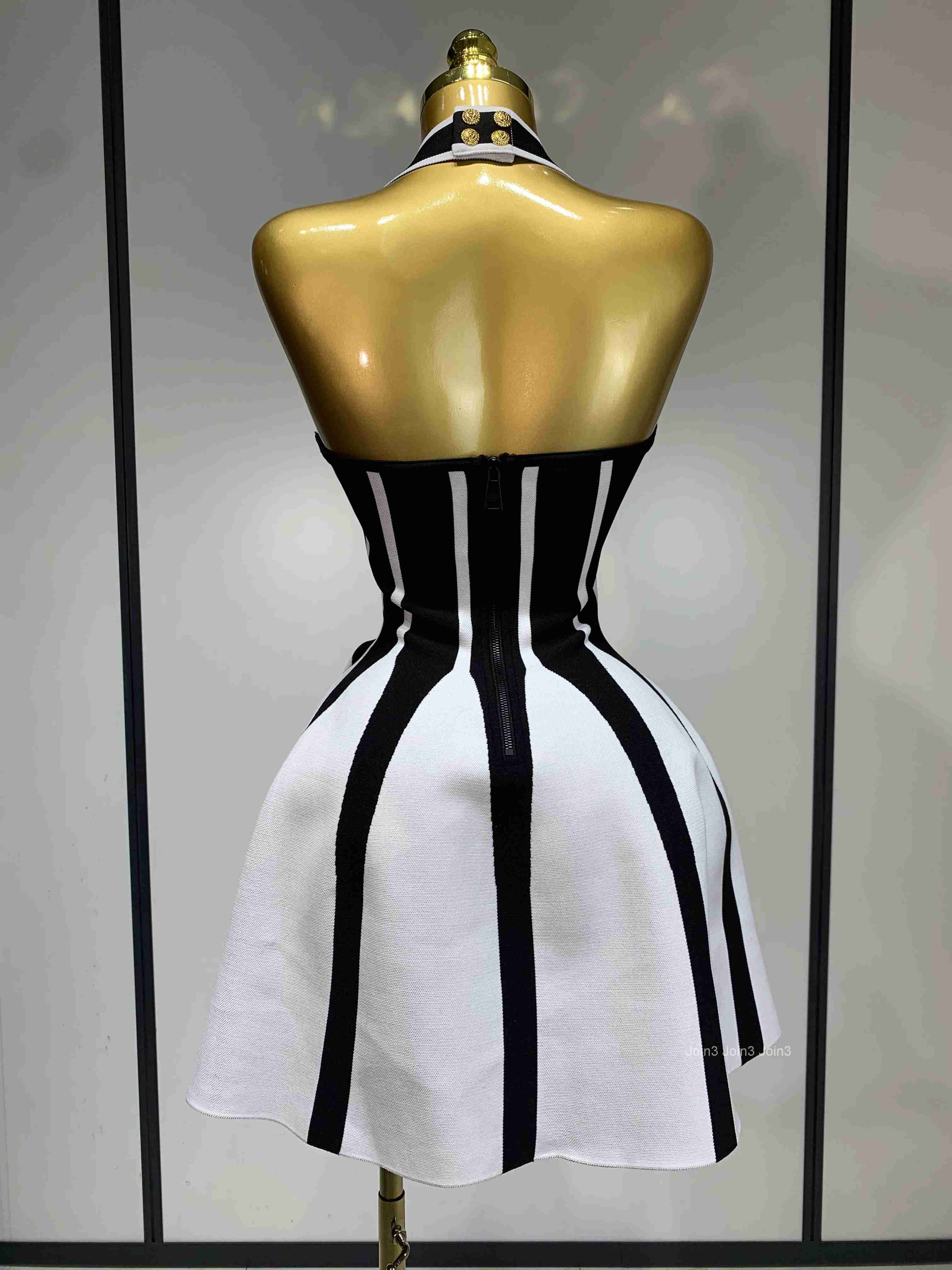 Women Sexy Backless Black White Stripes Halter Bandage A Line Short Dress Celebrity Elegant Evening Party Holiday Club Dress