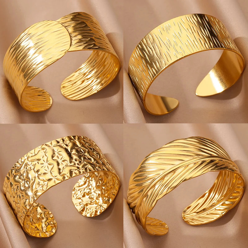 Stainless Steel Wide Bangles for Women Gold Color Open Chunky Cuff Bangle Bracelet femme Vintage Wedding Jewelry Gift 250805