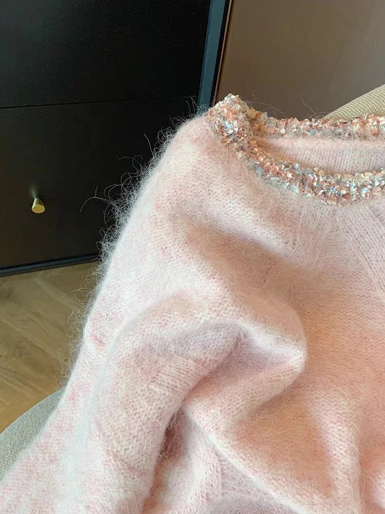 Contrast Knitted Sweater Woman 2025 Outerwears Casual Loose Round Neck Pullovers Sweet Lazy Ropa Mujer Autumn Winter Clothes 250804