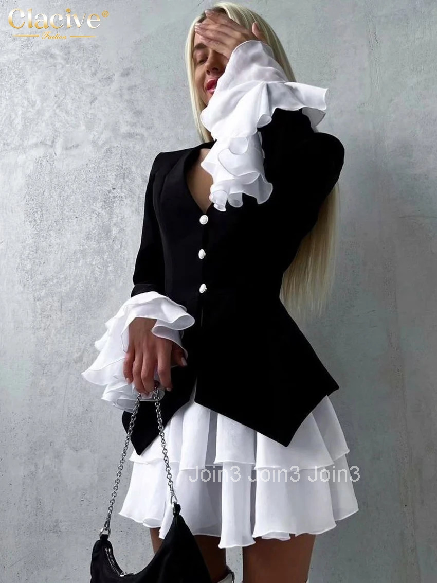 Clacive Fashion Loose Black Patchwork Women Dress Sexy V-Neck Long Sleeve Mini Dresses Elegant Classic Pleated Female Dress